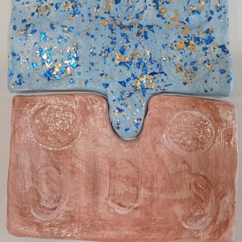 Handmade ceramic puzzle coaster new, gold leaf and blue details