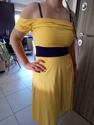 Yellow off-shoulder dress size Medium used with black waist detail