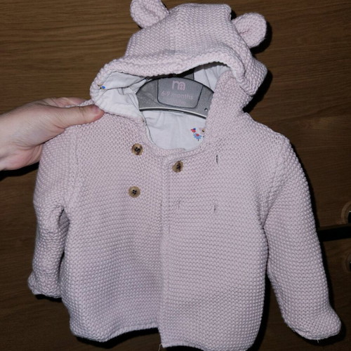 Baby cardigan thick 3-6 months like new, pink with ears on hood