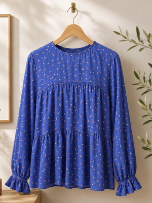 Regalinas blouse tunic one size used, blue with floral print