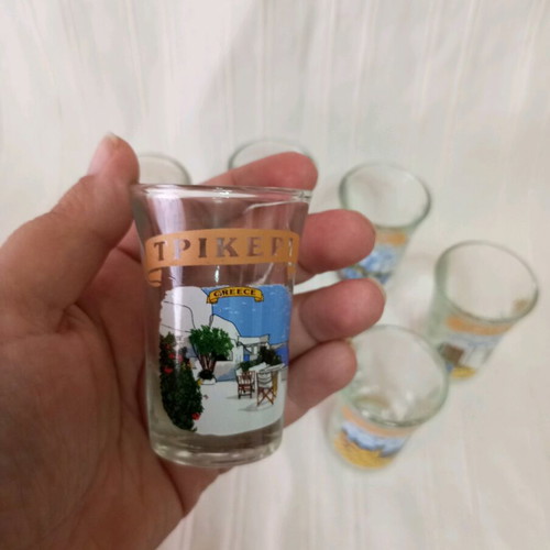 Set of 10 new shot glasses with designs and Trikeri inscription