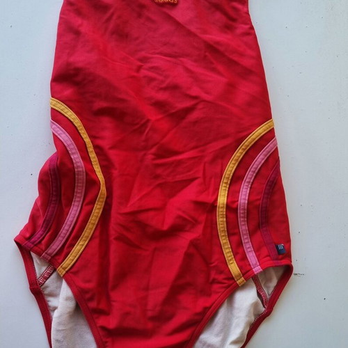 Adidas red one-piece sports swimsuit with yellow and pink stripes