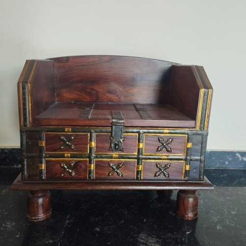 Handmade wooden chest with backrest and hidden storage vintage ethnic