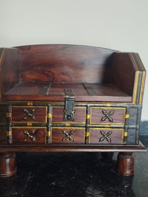 Handmade wooden chest with backrest and hidden storage vintage ethnic