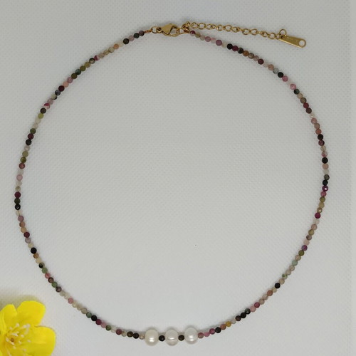 Handmade necklace with colorful tourmalines and freshwater pearls new