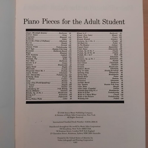 Piano Pieces for the Adult Student sheet music like new, English