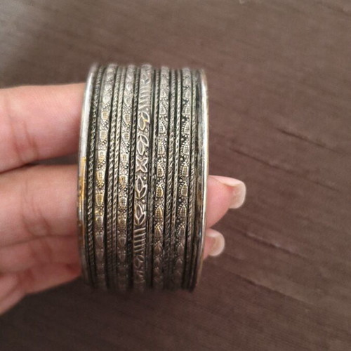 Bracelet wide handmade cuff with embossed ethnic design used, silver finish