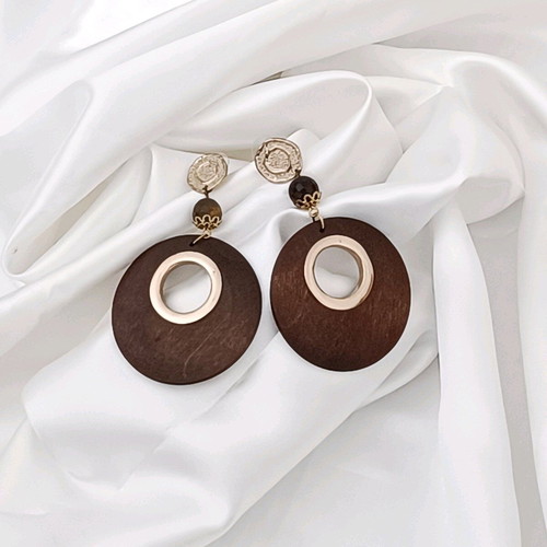 Boho wooden large earrings with tiger eye