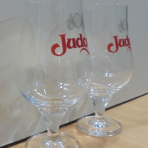 Judas beer set of 2 used promotional stemmed glasses 0.68lt