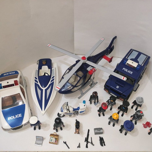Playmobil police set with helicopter, 2 cars, motorcycle, boat and 11 figures like new