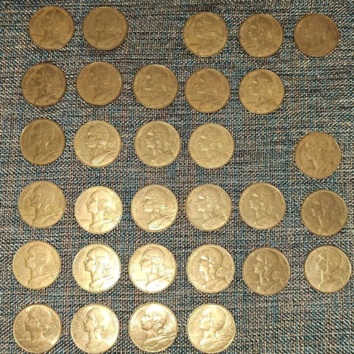 French 20 centimes coin collection used, 31 pieces