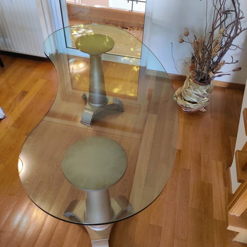 Oval table used, handmade construction, solid wood base