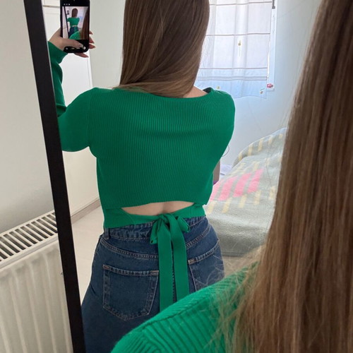Green long-sleeve blouse with back opening new, size S