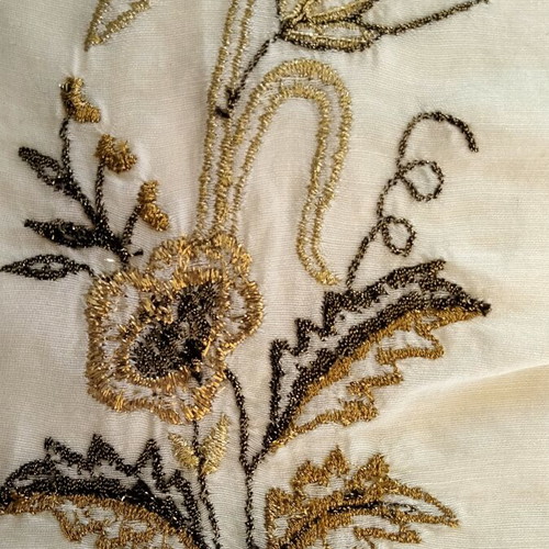 Vintage Gold Embroidered Fabric Satin Shantung Unused