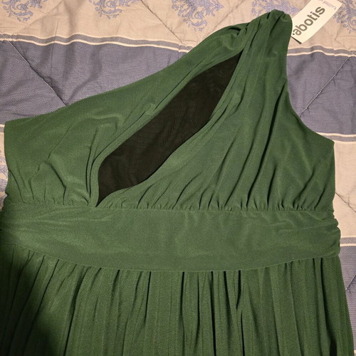Evening mini dress with one shoulder and pleats, new, green
