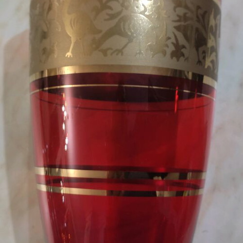 Ruby Glass Vase with Gold Ornament by Jan Gabrhel like new, 1960s
