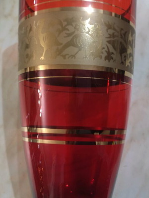 Ruby Glass Vase with Gold Ornament by Jan Gabrhel like new, 1960s
