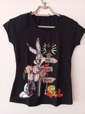 Μαύρο γυναικείο T-shirt με Bugs Bunny & Tweety παγιέτες, μέγεθος M