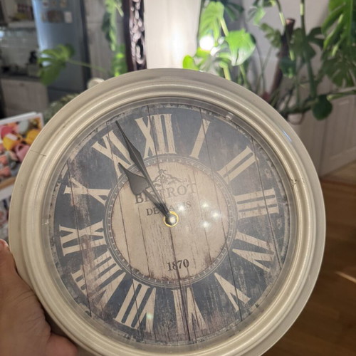 Wall clock vintage with beige frame and blue background, like new