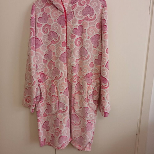 Fleece robe jacket like new, white and pink, size S