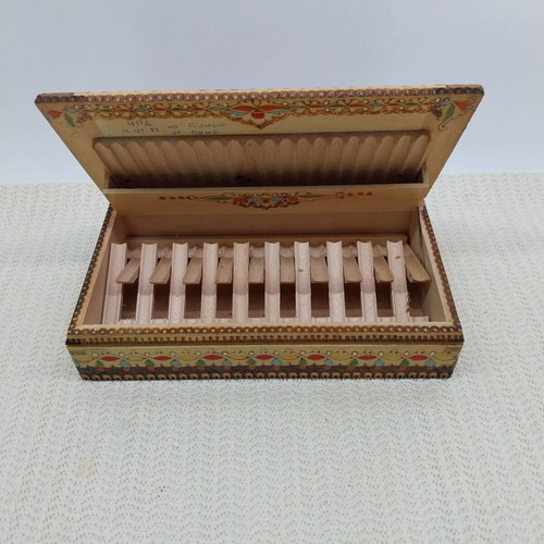 Wooden cigarette box, vintage Bulgarian pyrography and painted
