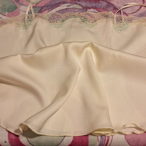 Retro baby doll with delicate lace and embroidered floral details, cream satin, size L, like new