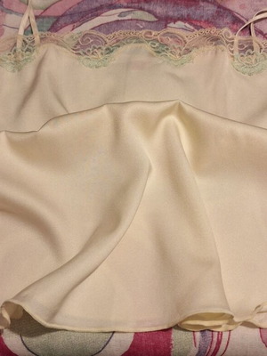 Retro baby doll with delicate lace and embroidered floral details, cream satin, size L, like new