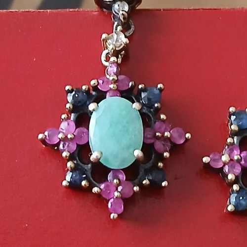 Earrings with rubies, sapphires, emeralds and diamonds vintage cut, 9k gold and 925 silver like new