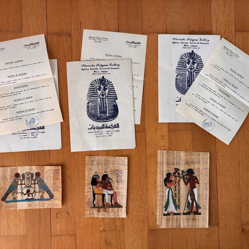 Set of 3 Egyptian Papyrus Paintings like new with certificate and envelope