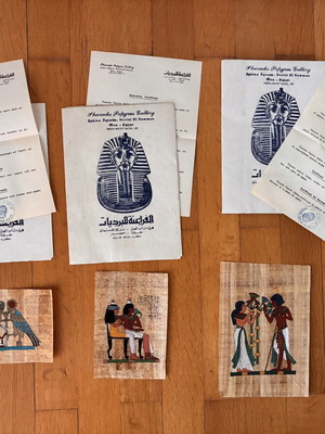 Set of 3 Egyptian Papyrus Paintings like new with certificate and envelope
