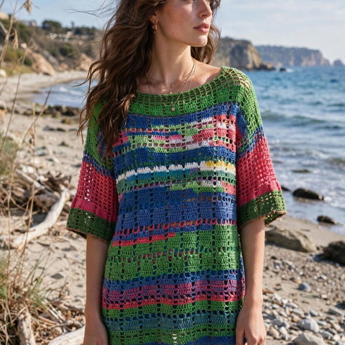 Handmade multicolor crochet cotton blouse one size