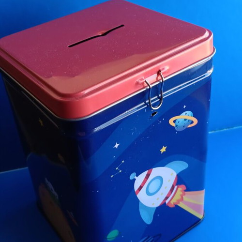 Space-themed pencil case and stickers new, includes metal piggy bank