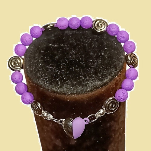 Handmade bracelet with purple lava semi-precious stone and magnetic heart clasp new