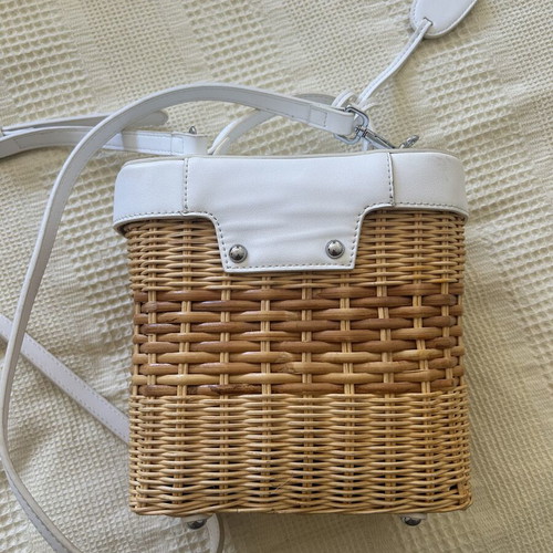 Wicker bag with white vegan leather crossbody strap like new