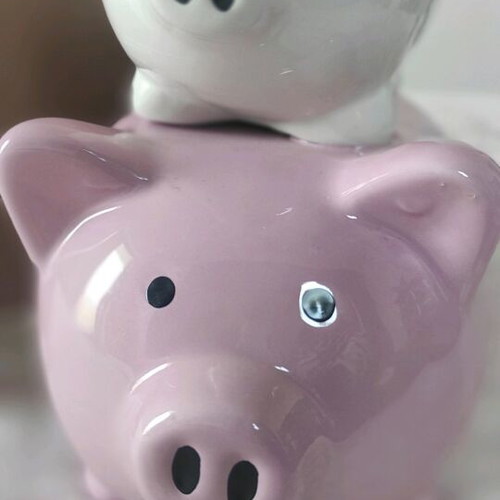 Yours & Mine piggy bank like new, white and pink colors