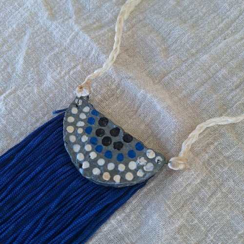 Long necklace with fringes handmade made to order, gray and blue