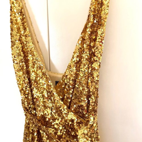 BCBG Maxazria Sequined Gold Maxi Dress XXS like new