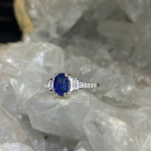 Handmade silver ring with natural blue sapphire and moissanites, size 17mm