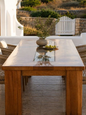 The Horizon outdoor dining table made of solid African Iroko, made to order