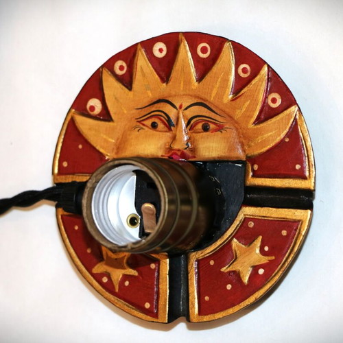 Sun Antique Lamp with Teak Wood Base and Warm Yellow Light