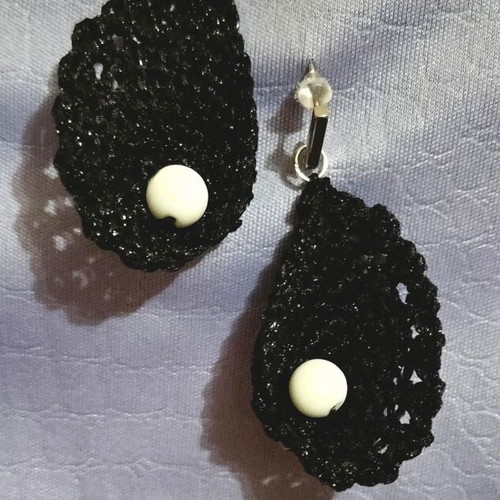 Handmade knitted earrings new, black metallic with white onyx
