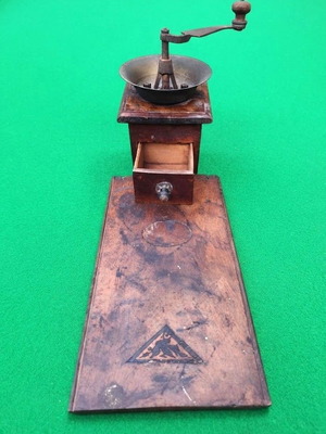 Vintage Ottoman coffee grinder with wooden platform