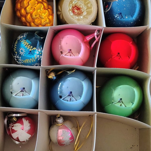 Vintage Christmas ornaments in original packaging