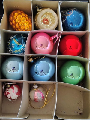 Vintage Christmas ornaments in original packaging