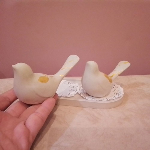 Plaster Birds New, Set of 2, 11cm with Gold Decorations