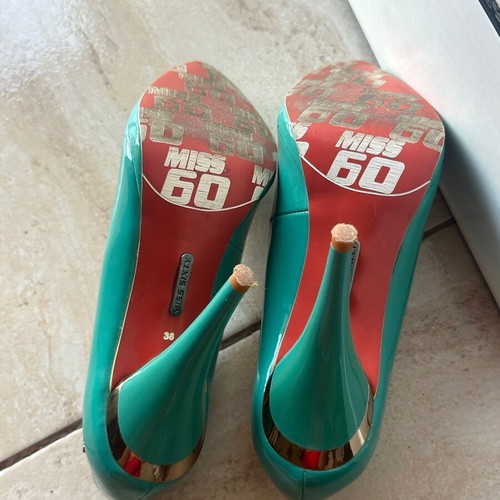 Miss Sixty turquoise patent leather peep-toe heels size 38