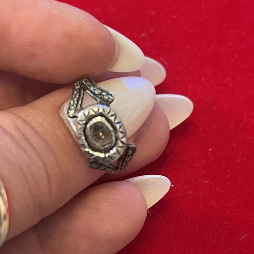 Silver gold ring with old cut diamonds used, size 56