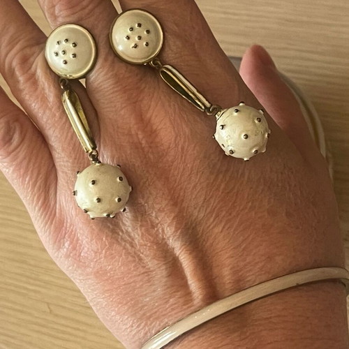 Antique French jewelry set used, clip earrings and enamel bracelet