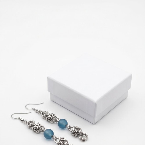 Chainmail earrings Byzantine weave with blue beads, new steel
