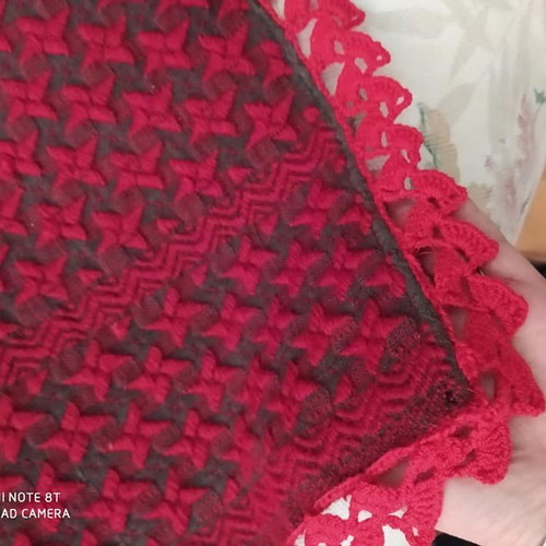 Woven wool blanket like new, red with handmade lace